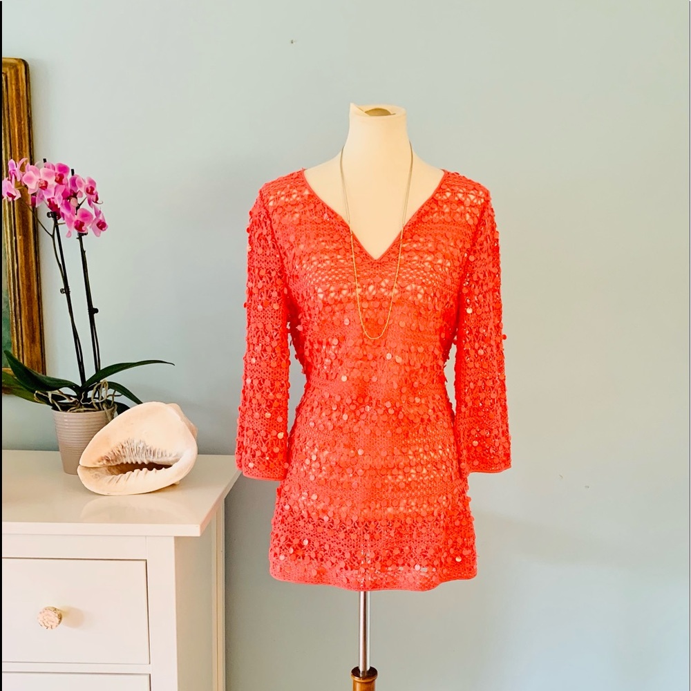 Calypso St Barth Coral Crochet Sequin Coverup L